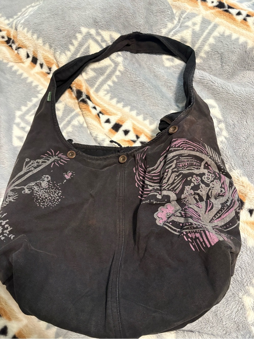 Black Shoulder Hobo Bag with Pink Floral Graphic